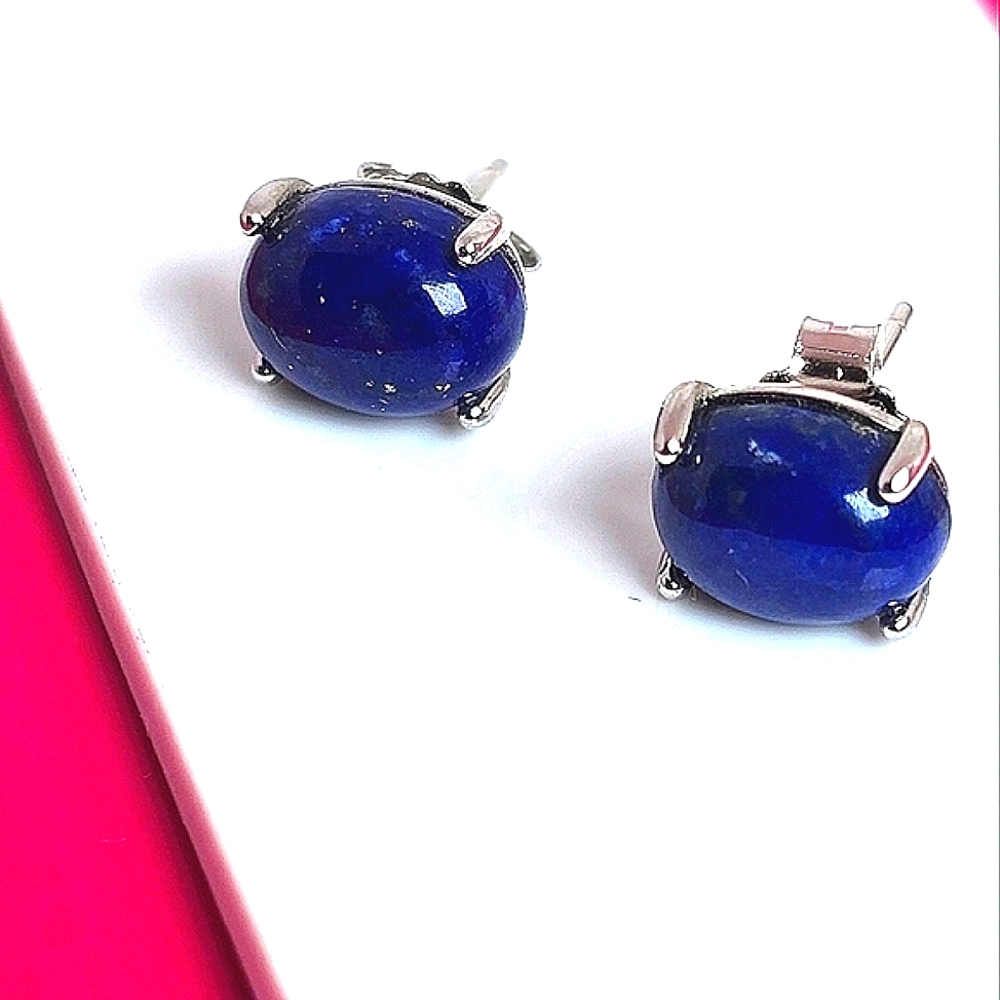 Natural Lapis Lazuli 925 Sterling Silver Stud Earrings - Picture 5 of 10